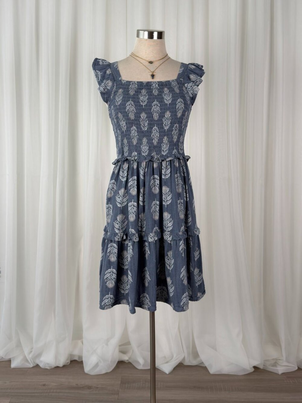 Blue Feather Print Smocked Tiered Mini Dress Womens XS Cottagecore Prairie
